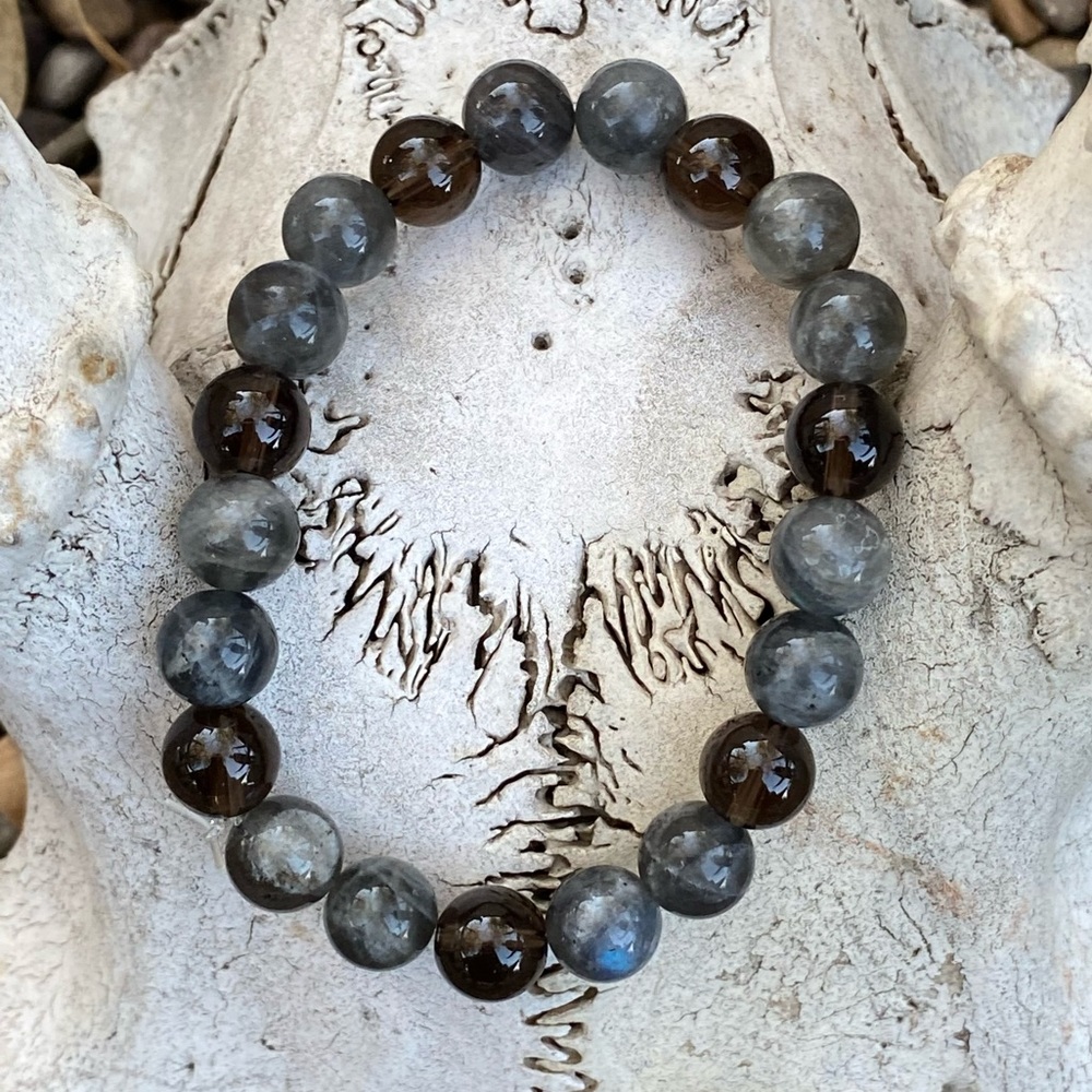 8mm Smokey Quartz and Moonstone Bead Bracelet NEW